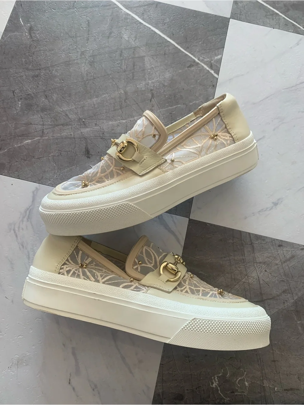 J Slides Cream Floral Embroidered Loafers with Gold Hardware